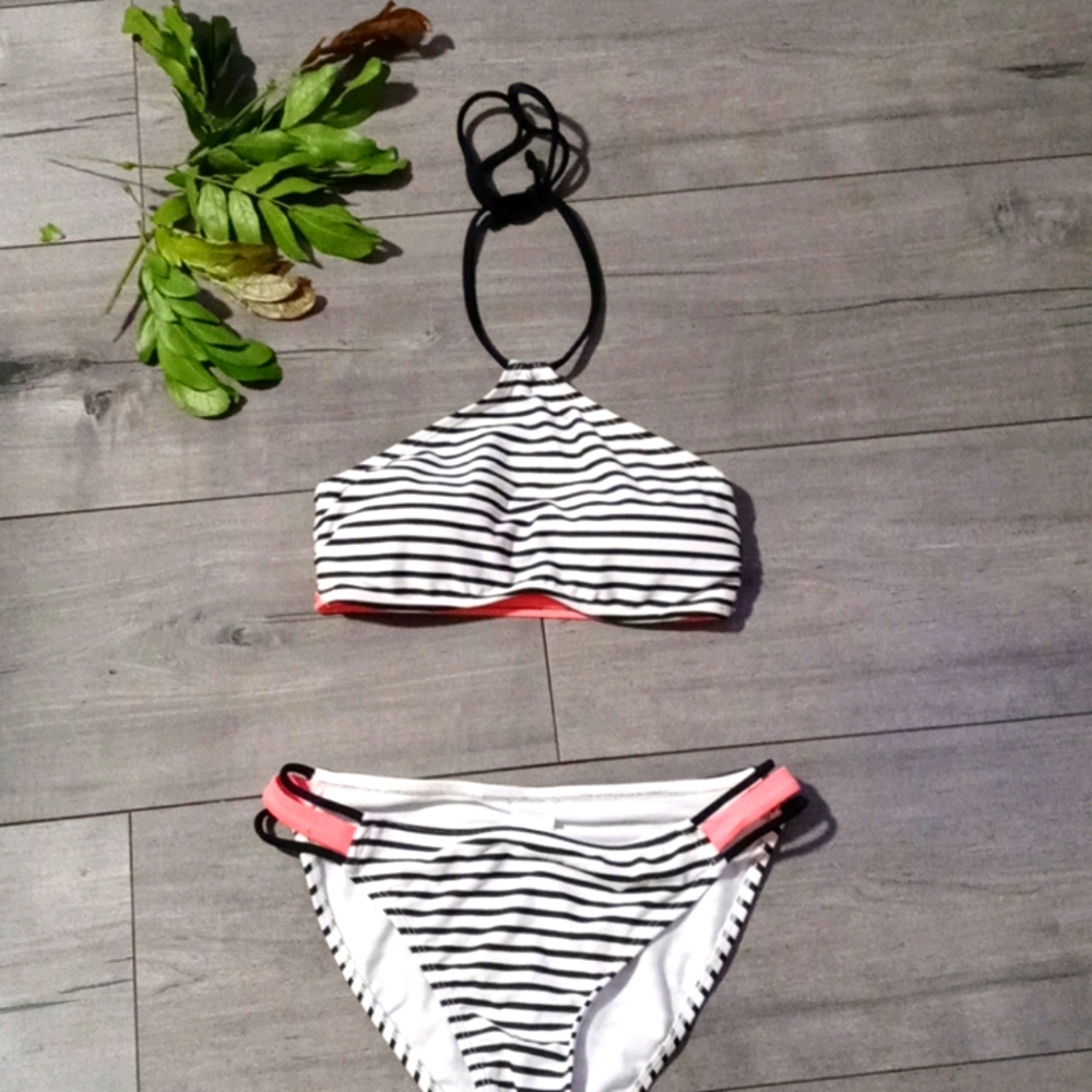 Black and white with neon orange Swim Suit